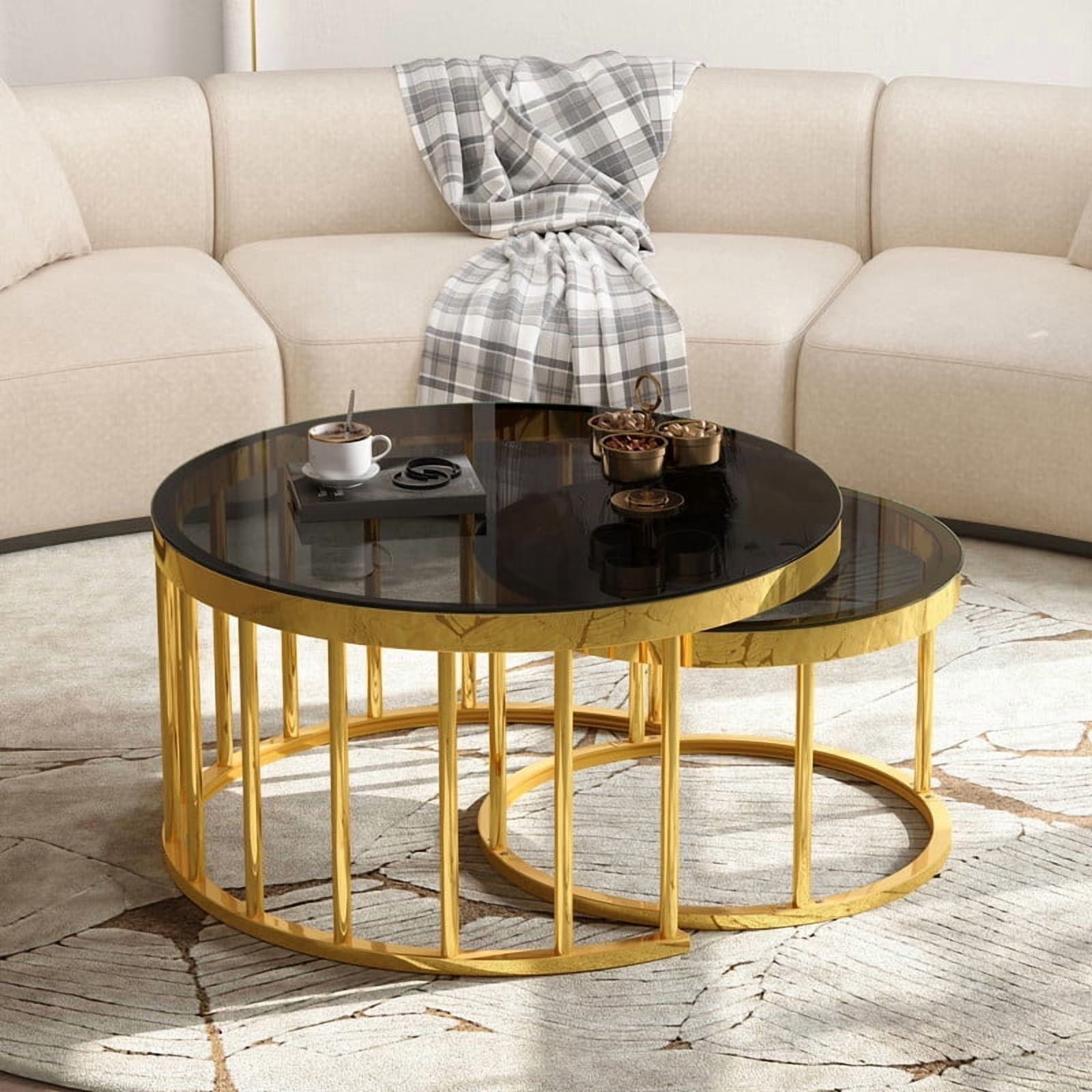 Round Nesting Coffee Table Set of 2, Modern Golden Metal Frame Accent Circular Cocktail Table with Mirrored Table Top