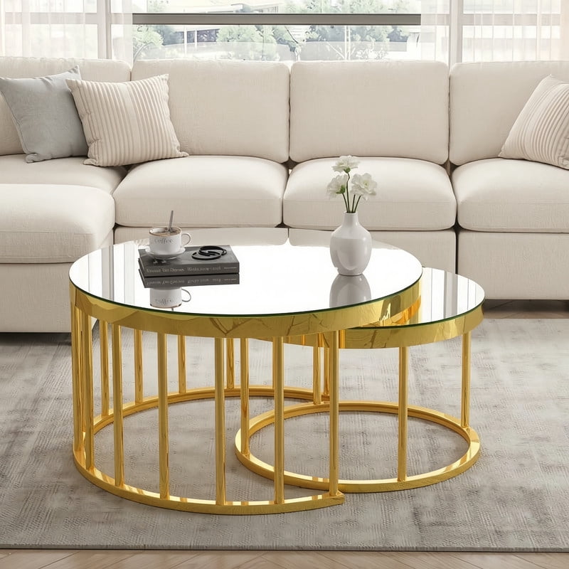 Round Nesting Coffee Table Set of 2, Modern Golden Metal Frame Accent Circular Cocktail Table with Mirrored Table Top