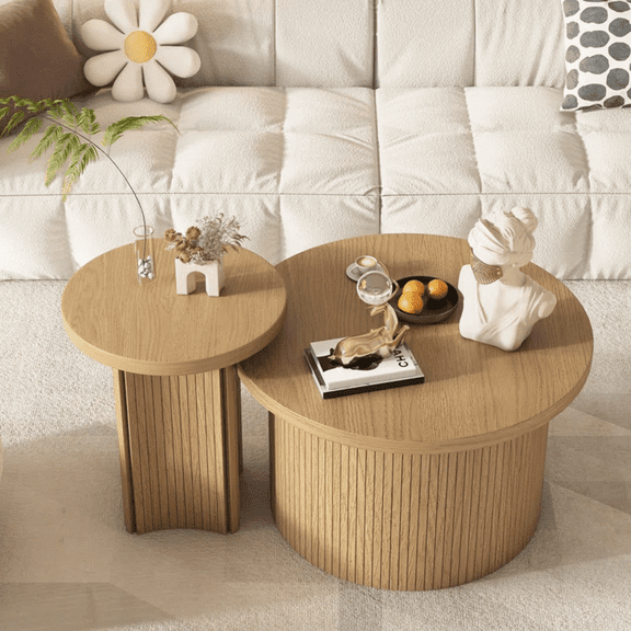 Round Nesting Coffee Table Set of 2, Modern Wooden Accent Center Tables for Living Room Bedroom Balcony