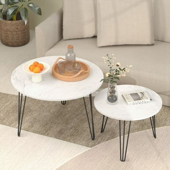 Round Nesting Coffee Table Set of 2 - With Nested Design & Sturdy Metal Base, White for Home