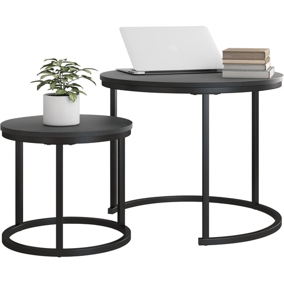 Round Nesting Coffee Table Set of 2, Wooden Center and Side Tables for Living Room, Home Office, Small Space, Sturdy Easy Assembly, Brown, Large