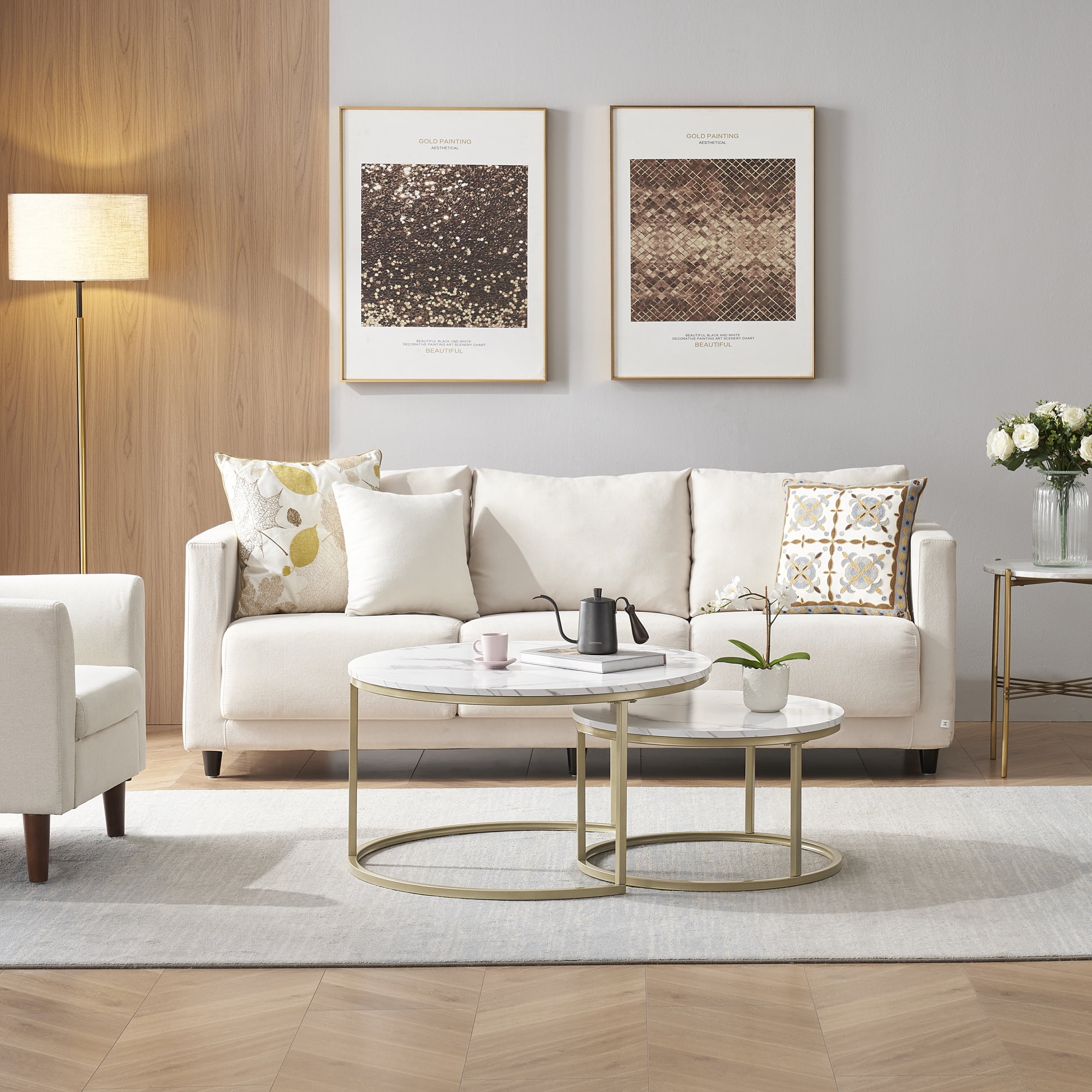 Round Nesting Coffee Table Set with 31.5 in White Faux Marble Top and Golden Legs Modern Style for living room