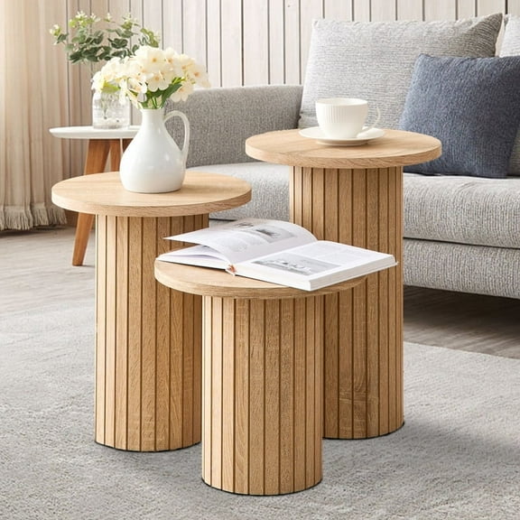 Round Nesting Coffee Table Sets 3 Pieces for Living Room, Tall Boho Circle Side Tables with Fluted Drum Design, Small Table Set for Bedroom Apartment