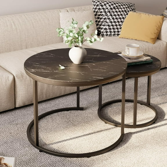Round Nesting Coffee Table Side Set of 2 End Tables for Living Room Bedroom Balcony,Black Faux Marble Wooden Table 23.6IN Accent Large Coffee Table with Steel Frame