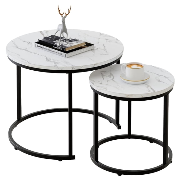 Round Nesting Coffee Table Side Table Set of 2, End Tables White Faux Marble Wooden Table, Modern Industrial Simple Nightstand, Coffee Table with Black Steel Frame for Living Room Bedroom Balcony