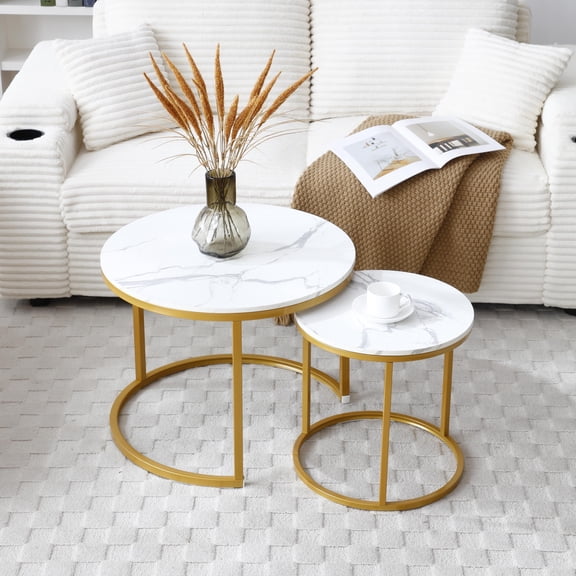 Round Nesting Coffee Table Side Table Set of 2, End Tables White Faux Marble Wooden Table, Modern Industrial Simple Nightstand, Coffee Table with Black Steel Frame for Living Room Bedroom Balcony