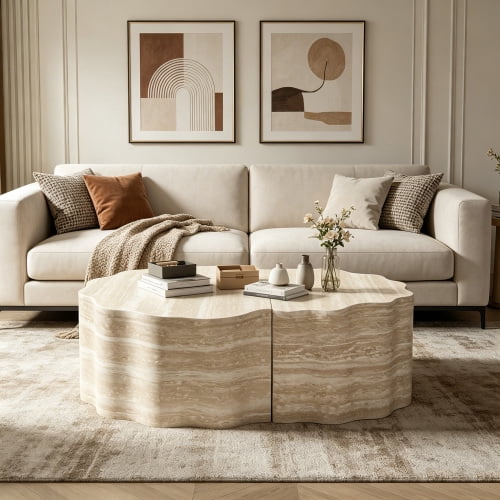 Round Nesting Coffee Table, Wood Side End Tables with Pet Bed Design, Modern Minimalist Accent Tables for Living Room Bedroom Office Balcony, Beige