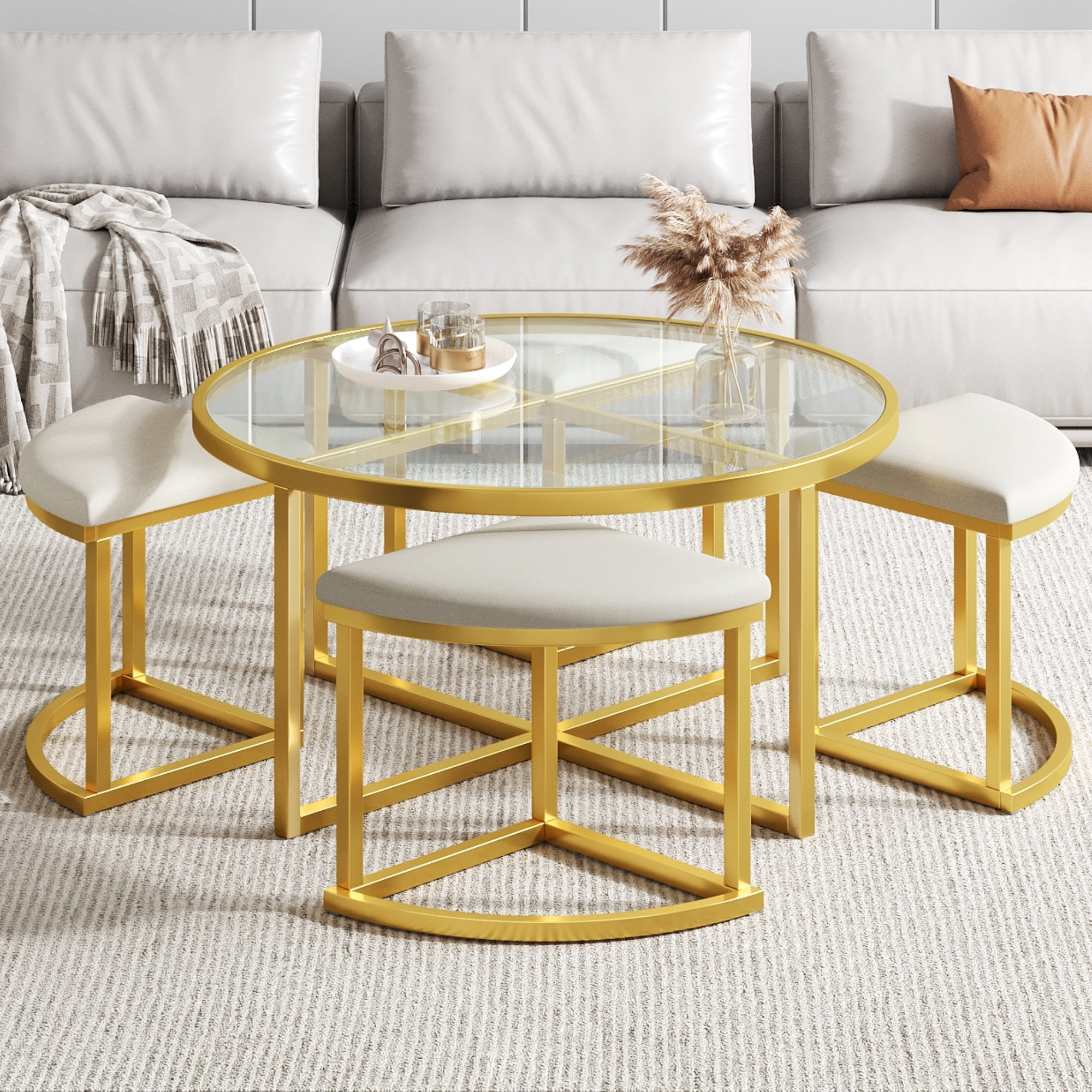 Round Nesting Coffee Table with 4 Stools Clear Tempered Glass Tempered ...
