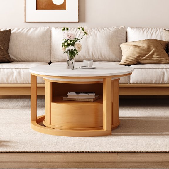Round Nesting Coffee Table with White Marble Top, 2-Tier Storage & 1 Drawer, Natural Wood Base, 28.5" Modern Nesting Set for Living Room