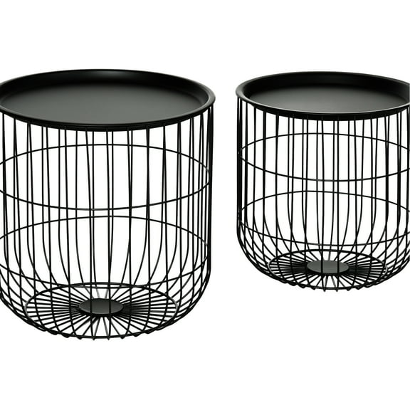 Round Nesting Coffee Tables, Of 2 In Black, Steel Wired Basket Design, Removable Tops, Living Room Essential, Space Saving & Practical With Disconnection, Stackable End Tables For Bewitchment, Black