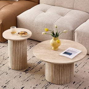 Round Nesting Coffee Tables Set of 2, Boho Wood Circle Side Table Fluted Drum, Farmhouse End Table for Living Room Bedroom, Apartment, Stone-patterned