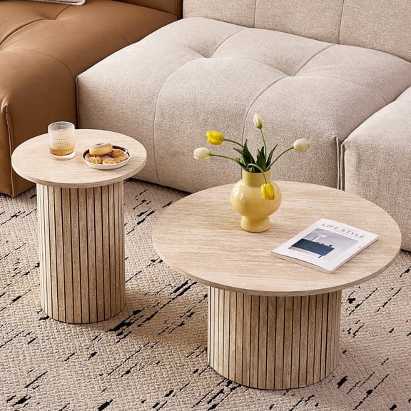 Round Nesting Coffee Tables Set of 2, Boho Wood Circle Side Table Fluted Drum, Farmhouse End Table for Living Room Bedroom, Apartment, Stone-patterned