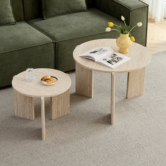 Round Nesting Coffee Tables Set of 2 for Living Room, Adjustable Height, HJhomeheart Mid Century Circle Side Tables for Bedroom Office Studio Apartment