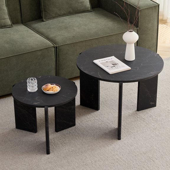 Round Nesting Coffee Tables Set of 2 for Living Room, Adjustable Height, HJhomeheart Mid Century Circle Side Tables for Bedroom Office Studio Apartment