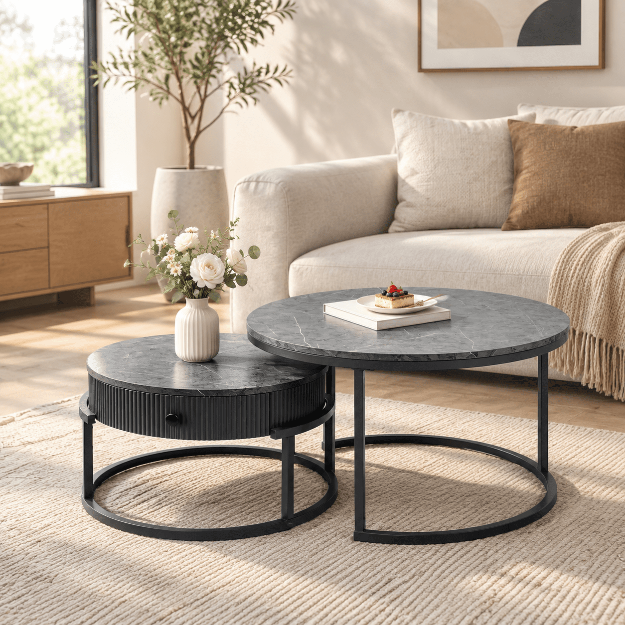 Stack Coffee Table Round Nesting Coffee Tables Set: Gray Marble End Set Of 2 - Modern ...