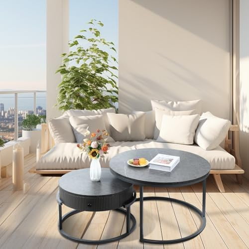 Round Nesting Coffee Tables Set: Gray Marble End Tables Set of 2 - Modern Metal Stacking Side Tables for Living Room Small Spaces$$Furniture