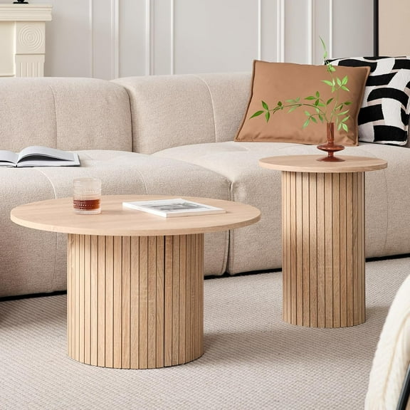 Round Nesting Coffee Tables Set of 2 -φ27.6 Large Short + φ15.8 Small Tall Boho Circle Side Tables with Fluted Drum Design