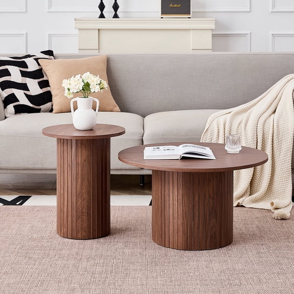 Round Nesting Coffee Tables Set of 2, Boho Fluted Drum Accent Side Tables, Brown Wood Finish, Large Short Table φ27.6 & Small Tall Table φ15.8