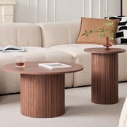 Round Nesting Coffee Tables Set of 2, Boho Wood Circle Side Table Fluted Drum for Living Room Bedroom, ApartmentWalnut