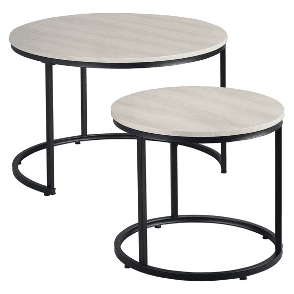 Round Nesting Coffee Tables Set of 2, Grey Industrial Side Tables, Stackable Living Room Small Coffee Table Set, Metal Frame