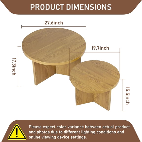 Round Nesting Coffee Tables Set of 2, Modern Stacking Side Table with Wood Grain Finish for Living Room Natural Oak