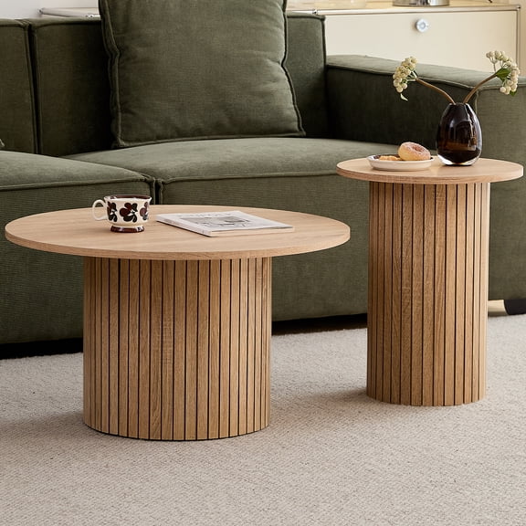 Round Nesting Coffee Tables Set 2 Piece for Living Room, Tall Boho Circle Side Tables with Fluted Drum Design, Small Table Set for Bedroom Apartment