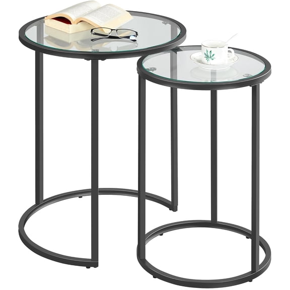 Round Nesting End Table Set of 2,Stacking Side Tables,Coffee Tables Set w/Metal Frame & Glass Top & Protective Foot Pads for Small Space, Living Room, Office- Black