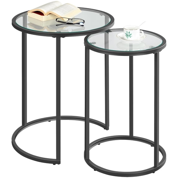 Round Nesting End Table Set of 2, Stacking Side Tables with Metal Frame & Tempered Glass Top, Coffee Tables for Small Space Living Room Office, Black