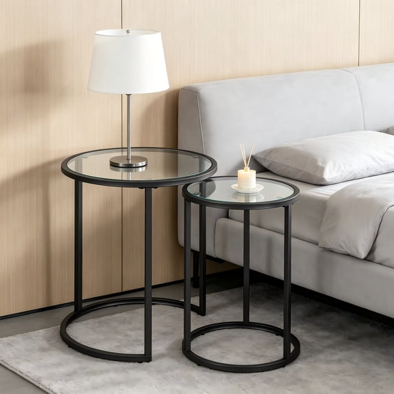 Round Nesting Side Table, Accent Table Set, Little End Table Combo with Metal Frame & Glass Top, Easy Assembly for Living Room, Bedroom, Guestroom, Office, Apartment, Small Space, Black