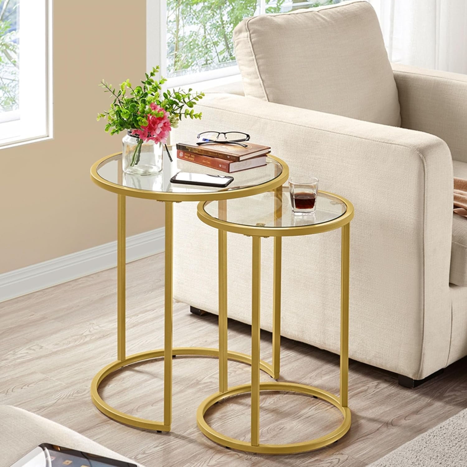 Round Nesting Side Table Stacking Coffee Table, Set of 2 Circular Modern End Tables w/Metal ...