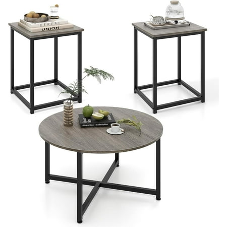 Round Nesting Table Set of 3, Farmhouse Coffee Table w/2 End Tables, Sturdy Metal Frame, 3-Piece Wooden Living Room Table Set for Home Office, Apartment (Black Oak)