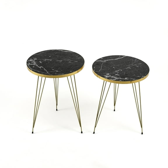 Ultimate Premium Products Modern Nesting Side Table Set of 2, Wooden Round End Table with Metal Gold Legs (White)