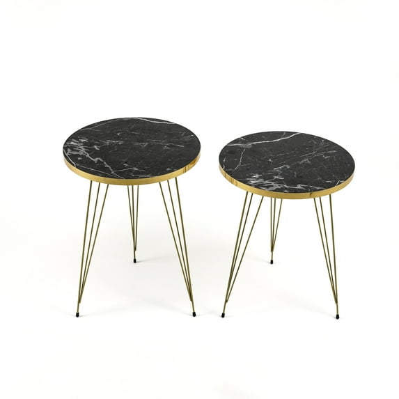 Ultimate Premium Products Modern Nesting Side Table Set of 2, Wooden Round End Table with Metal Gold Legs (White)