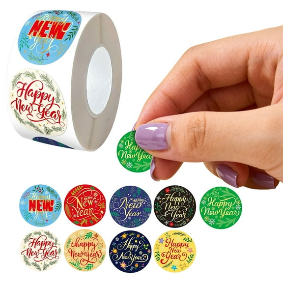 Round New Year Labels Stickers for Greeting Cards, 500Pcs Decorative Adhesive Circle Seals for Envelopes & Packaging, 1 Inch Roll