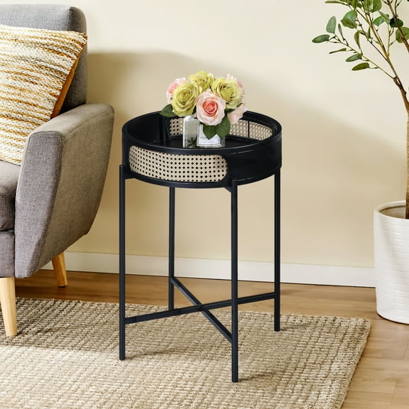 Round Night Table with Wood Top & Metal Legs Black