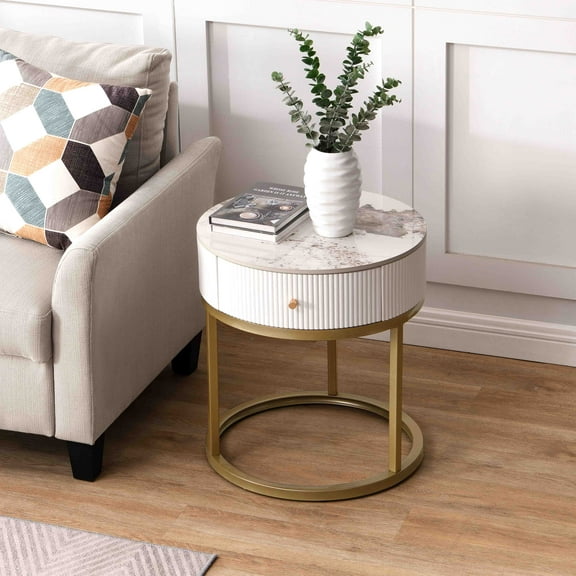 Round Nightstand with Drawer, 19.68" Modern Night Stand Side Table With Marbling Stone Tabletop And Metal Legs, Accent Table For Living Room Office Bedroom