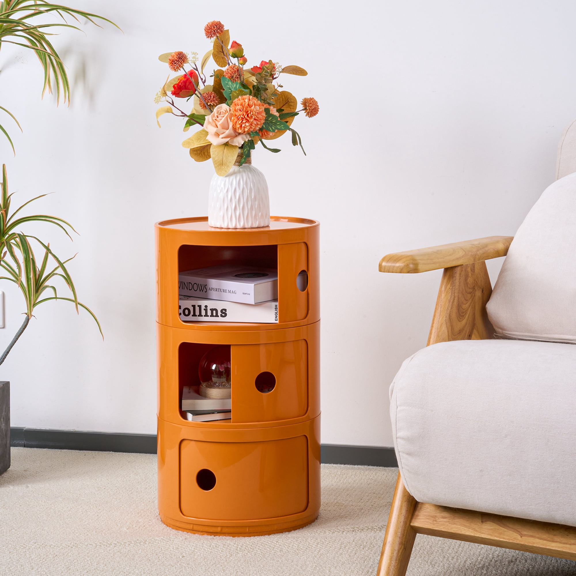 Round Nightstand with Sliding Door - Modern 3 Tier Plastic Bedside ...