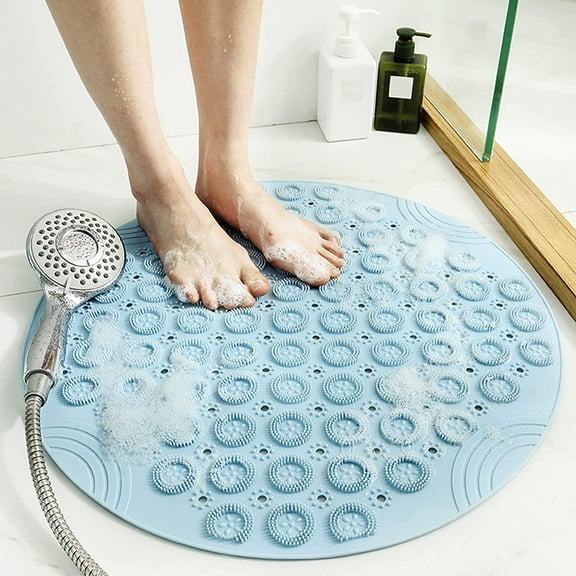 Round Non Slip Shower Mat , Bathtub Mat with Suction Cups, Textured Surface Anti Slip Bath Mats with Drain Holes,for Shower Tub Bathroom Mat, 22 X 22 Inches Blue