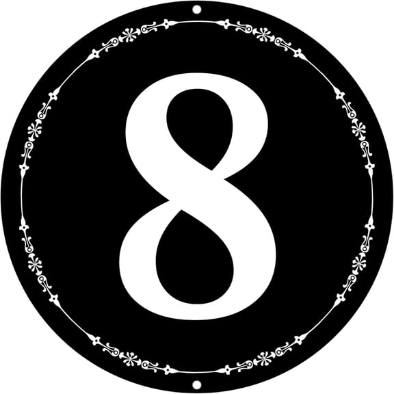 Round Number Sign 8 - Metal 8 x 8 Aluminum Parking Spot Number Sign - White/Black,Floral Vine Border,for Floor,Dock,Court,Aisle,Outdoor UseWeather-Resistant