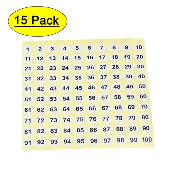 Round Number Stickers 15mm Dia Number 1-100 Coated Paper Label 15 Sheets, Black Word/White Background
