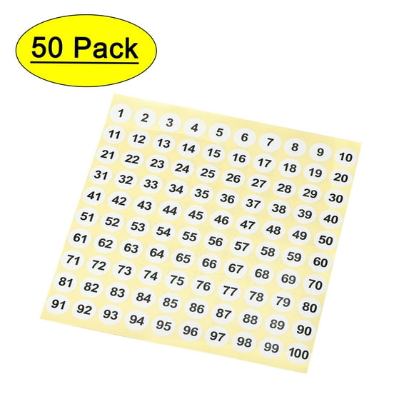 Round Number Stickers 15mm Dia Number 1-100 Coated Paper Label 50 Sheets, Black Word/White Background