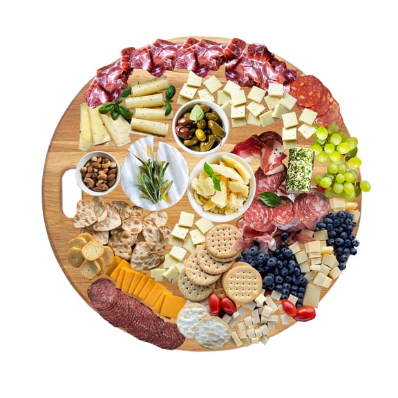 Round Oak Wood Charcuterie Board With Handle, Standard Color, 19 Inch