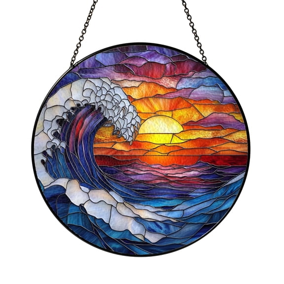 Round Ocean Sunset Scene Stained Glass Window Hanging Decor2001