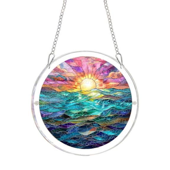 Round Ocean Wave Sunset Suncatcher Acrylic Puzzles Window Hanging, Wind Chime Pendant Garden Decor for Living Room Garden Patio Indoor Window Art 7.87in