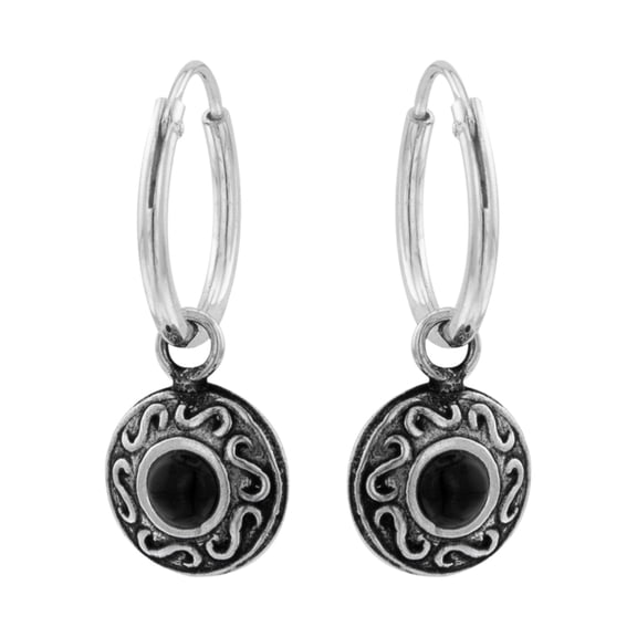 Round Onyx Charm 925 Sterling Silver Hoop Earrings