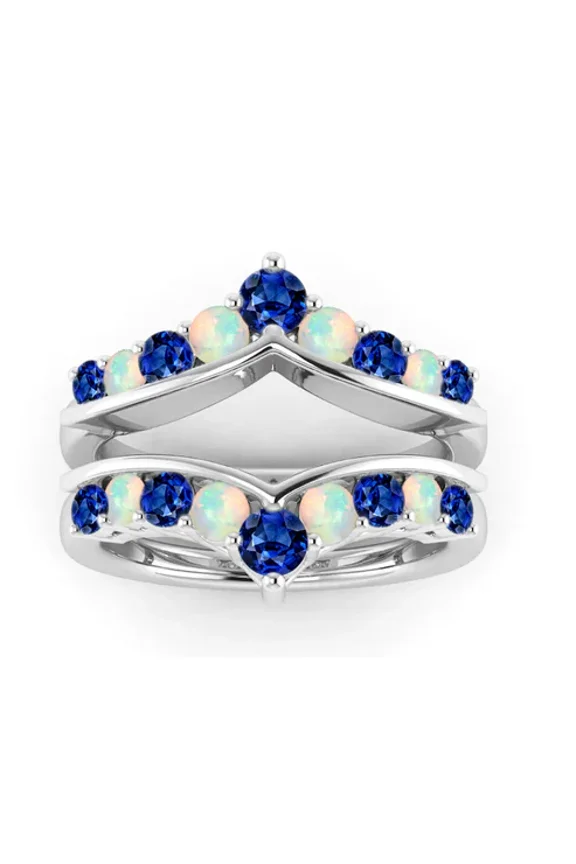 Round Opal & Blue Sapphire Ring Enhancer in 925 Sterling Silver – Double Curved Wedding Band Wrap, September Birthstone
