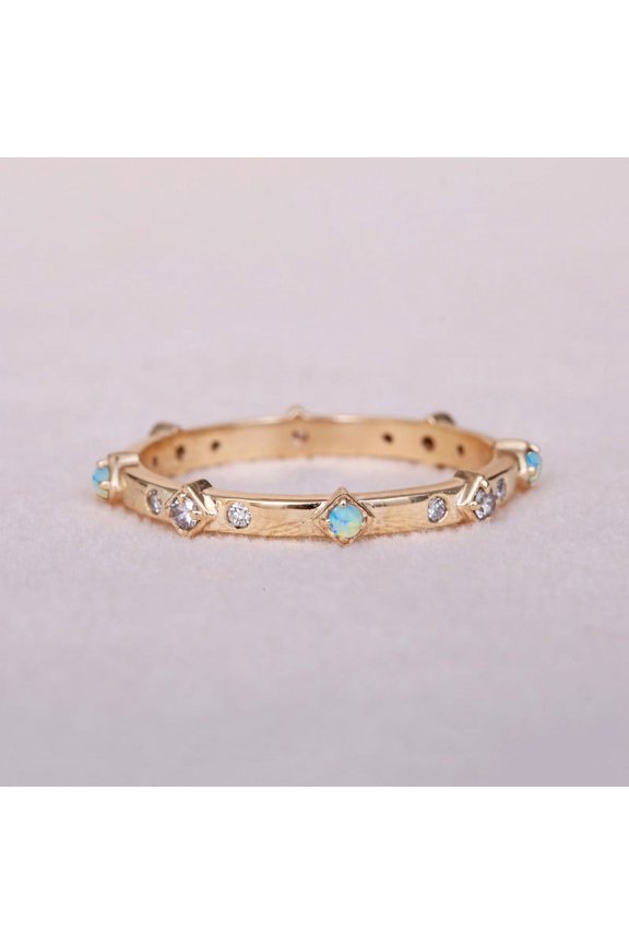 Round Opal Diamond Eternity Band Ring, 925 Sterling Silver Ring, Stackable Band Engagement Ring, LightWeigh Jewelry. Gift For Her.