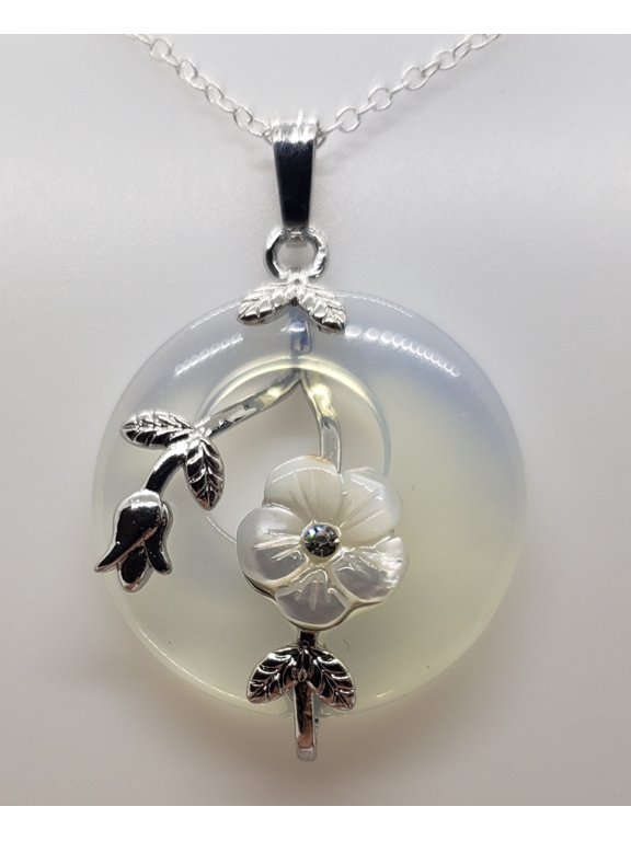 Round Opalite Flower Silver Necklace