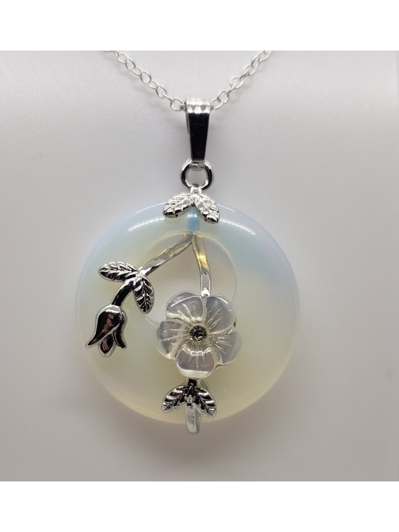 Round Opalite Flower Silver Necklace