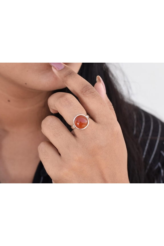 Round Orange Carnelian Ring for Women in 925 Sterling Silver, Handmade Boho Statement Ring, Large Bezel Set August Birthstone Jewelry Gift for Wife, Bridesmaid & Anniversary Gift